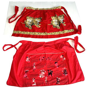 Lot 2 Vtg Half Aprons Red Tiger Cubs 1965 Calendar Cotton Red Retro READ